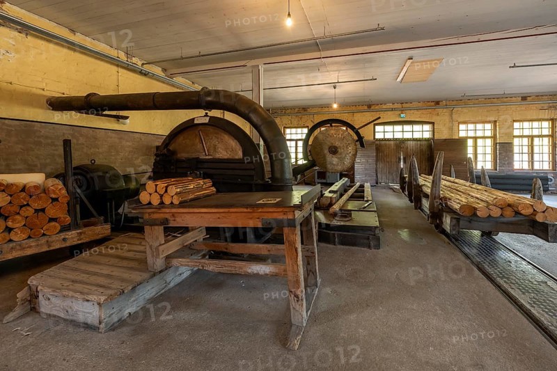 Historic circular saws and tree trunks, former paper factory and mill for the production of groundwood pulp board, UNESCO World Heritage Site Verla Factory Village, Maailmanperintökohde Verlan puuhiomo ja pahvitehdas, Verla Rapids, Kymenlaakso, near Kouvola, Finland