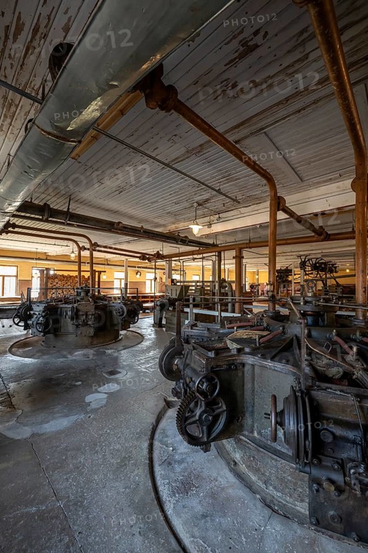 Factory hall with historic ovens for the production of cardboard and paper, former paper factory and mill for the production of groundwood pulp board, UNESCO World Heritage Site Verla Factory Village, Maailmanperintökohde Verlan puuhiomo ja pahvitehdas, Verla Rapids, Kymenlaakso, near Kouvola, Finland