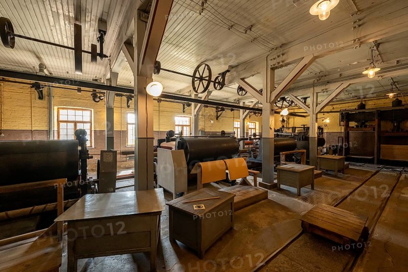 Factory hall with historical machines for the production of cardboard and paper, former paper factory and mill for the production of groundwood pulp board, UNESCO World Heritage Site Verla Factory Village, Maailmanperintökohde Verlan puuhiomo ja pahvitehdas, Verla Rapids, Kymenlaakso, near Kouvola, Finland