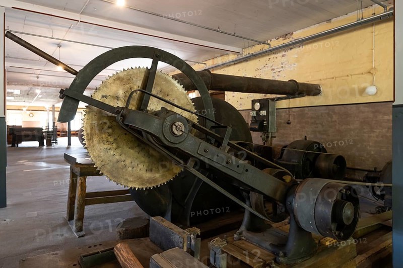 Large historic circular saw, former paper mill and mill for the production of groundwood pulp board, UNESCO World Heritage Site Verla Factory Village, Maailmanperintökohde Verlan puuhiomo ja pahvitehdas, Verla Rapids, Kymenlaakso, near Kouvola, Finland