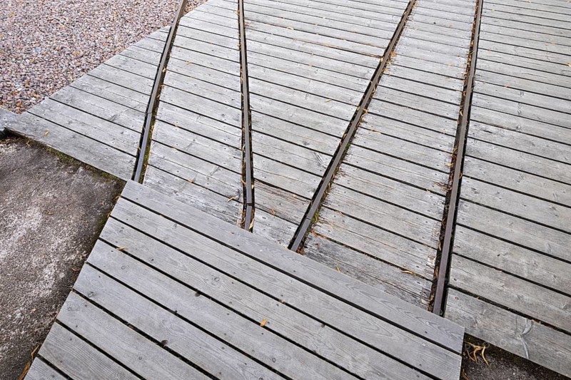 Rails for timber transport, former paper mill and mill for the production of groundwood pulp board, UNESCO World Heritage Site Verla Factory Village, Maailmanperintökohde Verlan puuhiomo ja pahvitehdas, Verla Rapids, Kymenlaakso, near Kouvola, Finland