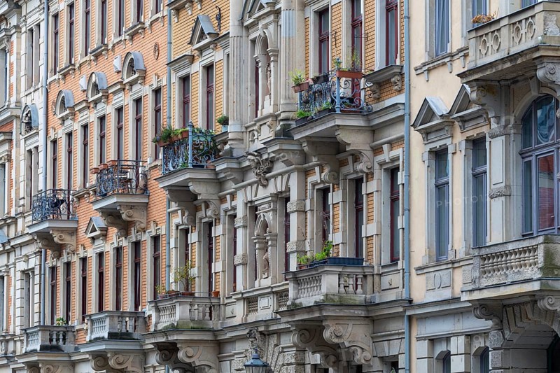 Art Nouveau facade, rows of houses, Neustadt, Dresden, Saxony, Germany