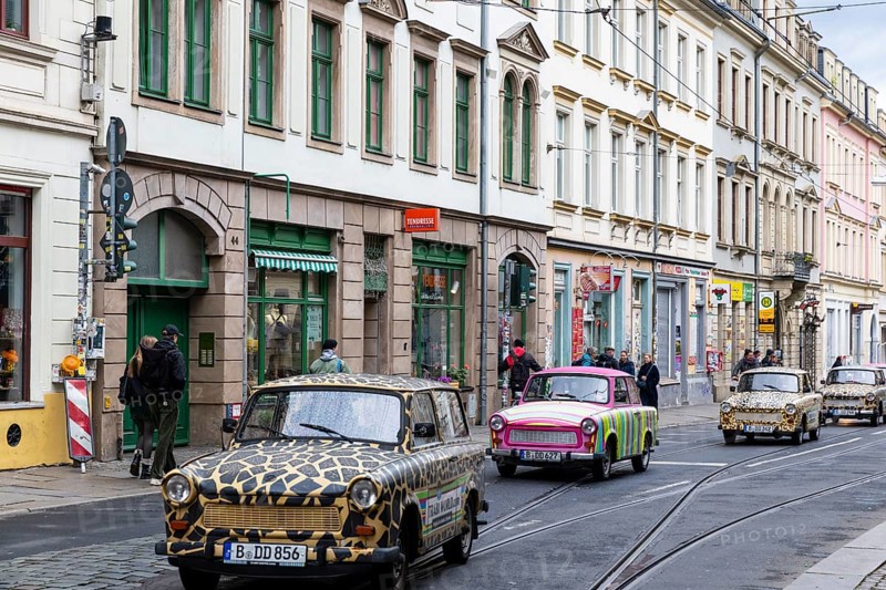 Row of Trabants in the trendy Neustadt neighbourhood, Dresden, Saxony, Germany