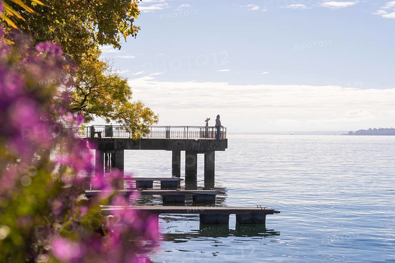 Footbridge at the water with people and autumn coloured trees in the background, Überlingen, Lake Constance, Germany