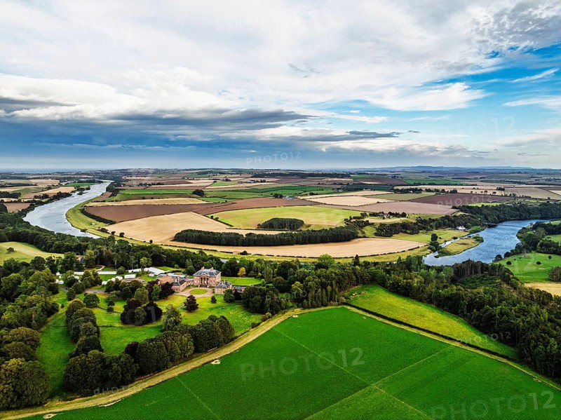Paxton House over River Tweed from a drone, Paxton, Berwick-upon-Tweed, Berwickshire, Scotland, UK