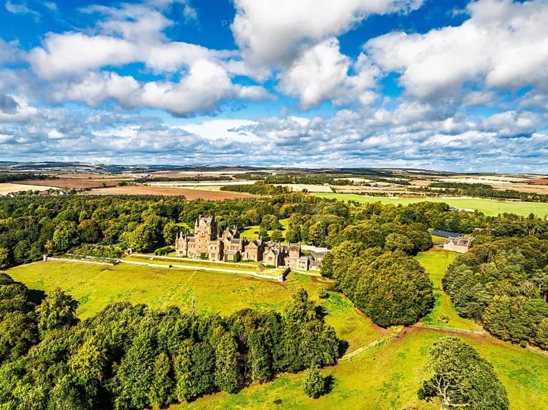 Ayton Castle from a drone, Ayton, Eyemouth, Scottish Borders, Scotland, UK