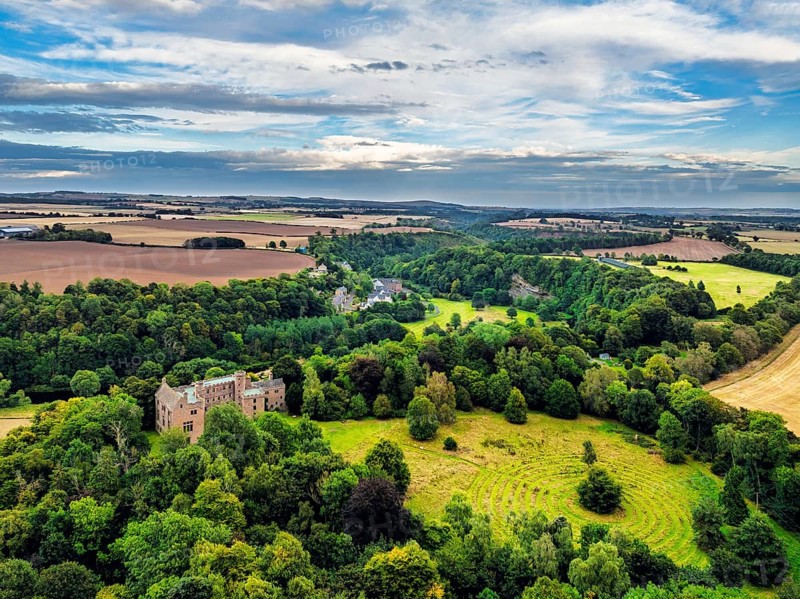 Hutton Castle from a drone, Whiteadder Water, Chirnside, Scottish Borders, UK