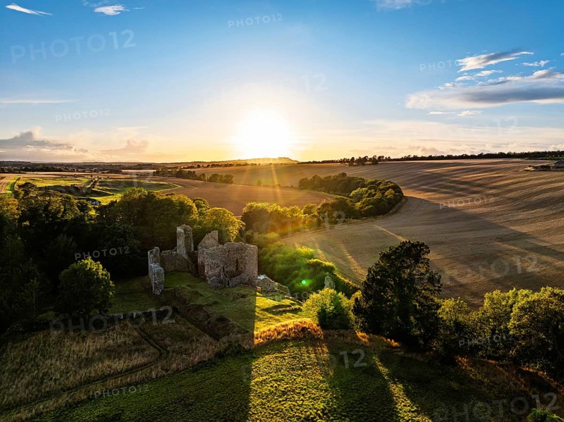Ruins of Hailes Castle over River Tyne from a drone, East Linton, East Lothian, Scotland, UK