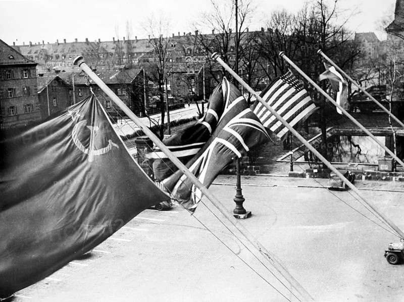 Nuremberg Trials, the Allied flags at the courthouse, Nuremberg 1946
