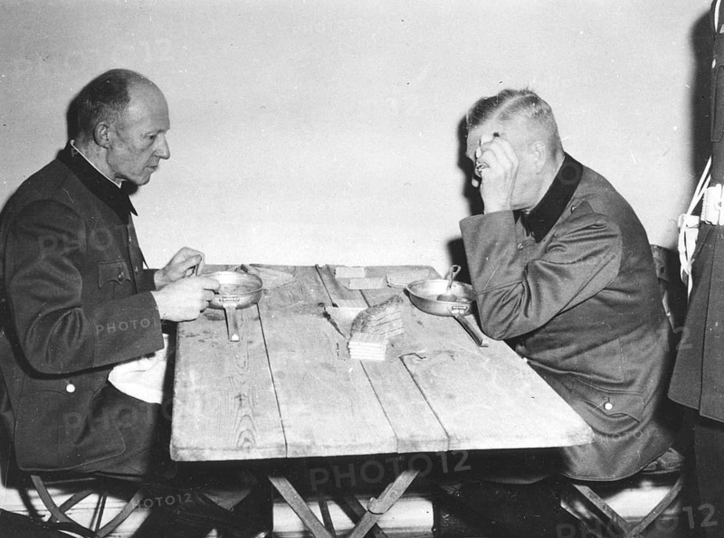 Nuremberg Trials, main war criminals, Keitel on the right, Kaltenbrunner on the left at dinner. Nuremberg 1946