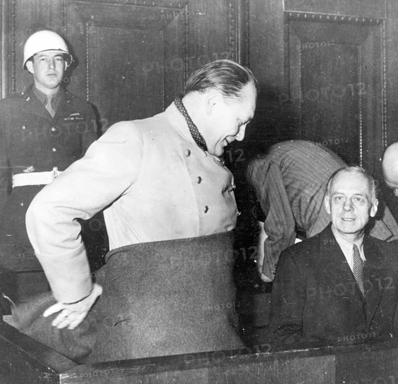 Nuremberg Trials, main war criminals, the defendants Herman Göring, and on the left van Ribbentrop, former Foreign Minister, Nuremberg 1946