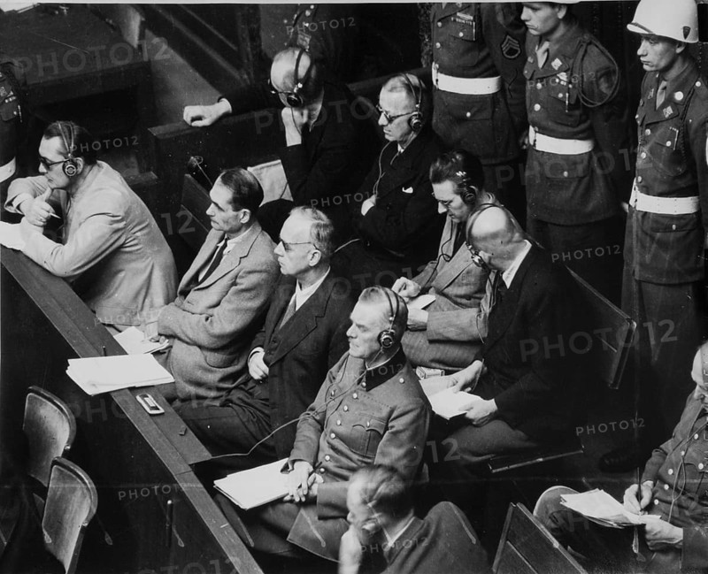 In the dock, Nuremberg, Nuremberg Trials, main war criminals, 1946 Front from right to left: Göring, Hess, Ribbentropp and Keitel
