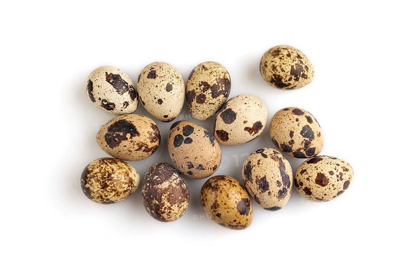 Pile of Raw Quail eggs isolated on white background. top view, flat lay, close up