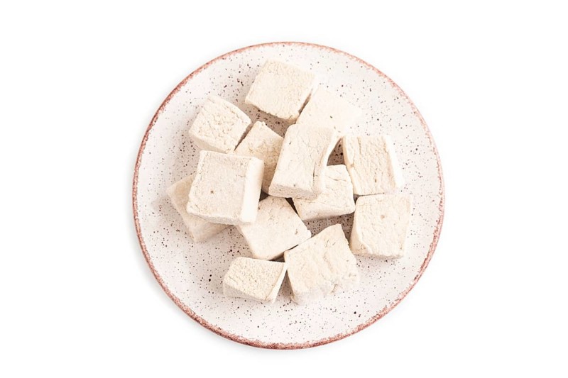 Coffee marshmallow isolated on white background. top view, flat lay, close up