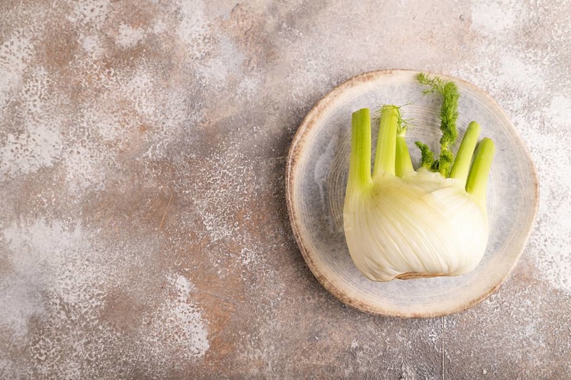 Fresh Fennel bulb on blue plate on brown concrete background, top view, flat lay, copy space, minimalism
