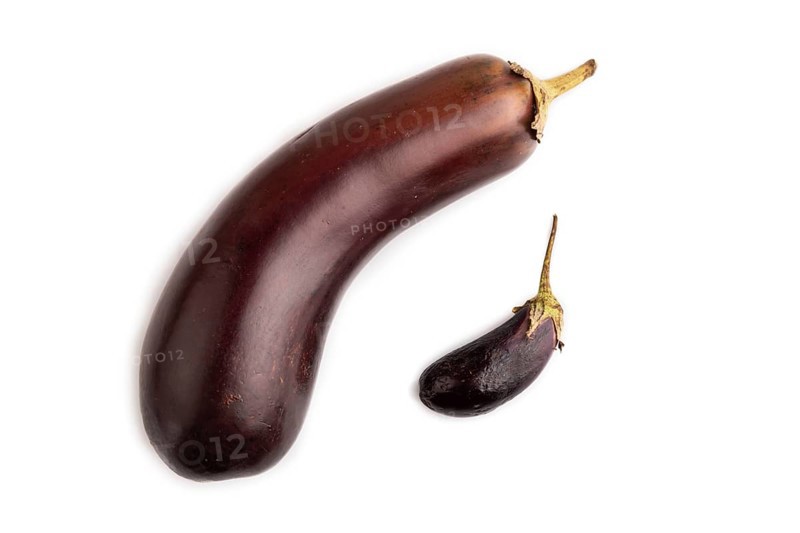 Two Eggplants big and small isolated on white background, top view, flat lay, close up, minimalism