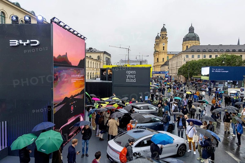 Munich, Germany - 10.9.2025: Electric cars from Chinese car manufacturer BYD in Munich city centre during the IAA Open Space at the IAA Mobility 2025 (International Motor Show) in Munich
