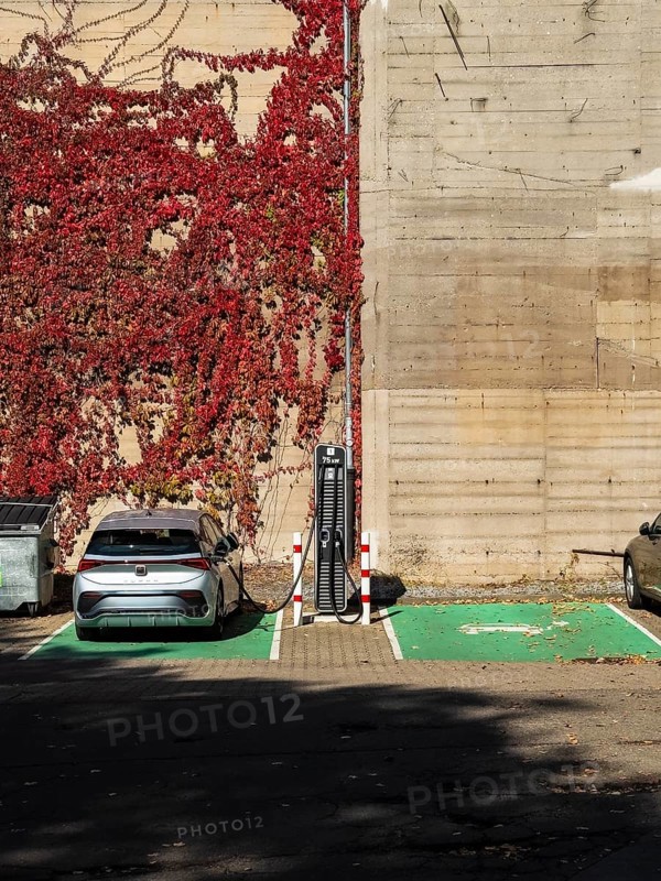 A car charges at a charging station for electric cars at a petrol station in Düsseldorf, Germany
