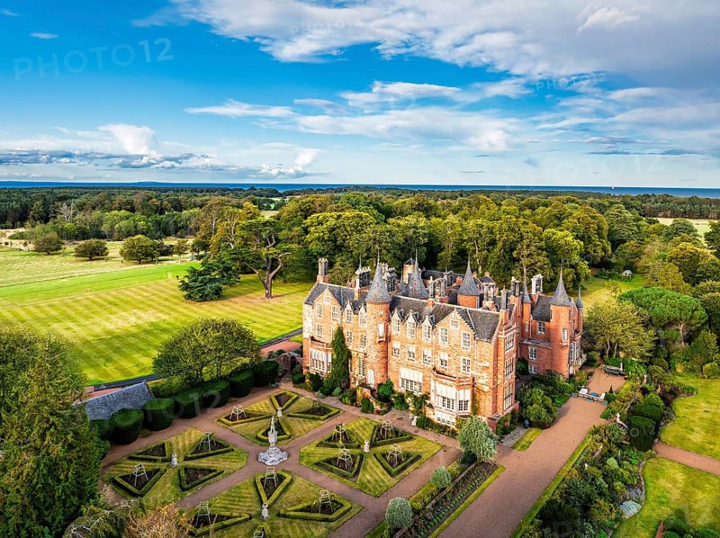 Tyninghame House over River Tyne from a drone, East Lothian, Scotland, UK