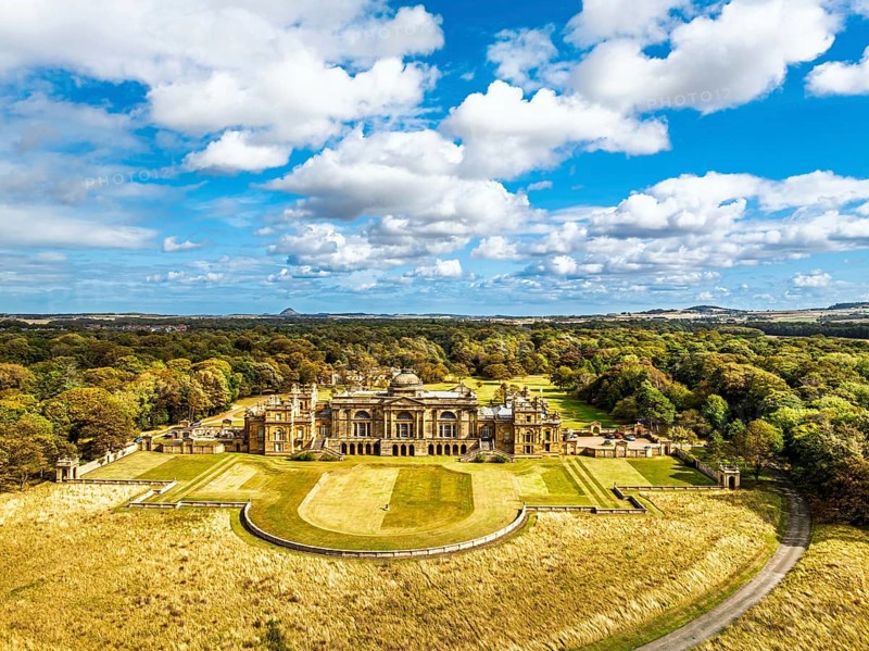 View of Gosford House from a drone, Longniddry, East Lothian, Scotland, UK
