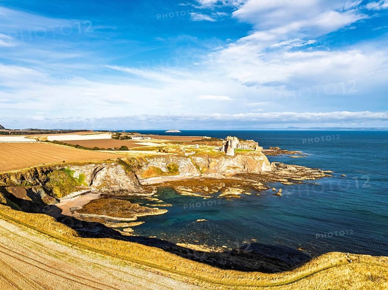 Ruins of Tantallon Castle from a drone, North Berwick, East Lothian, Scotland, UK