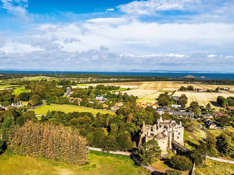 Ruins of Dirleton Castle & Gardens from a drone, Dirleton, East Lothian, Scotland, UK