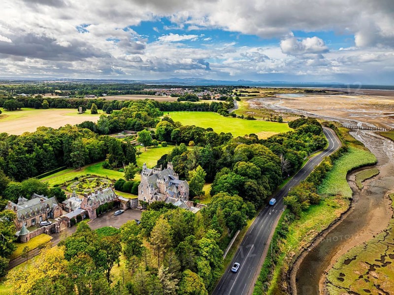 Luffness Castle from a drone, Aberlady, East Lothian, Scotland, UK