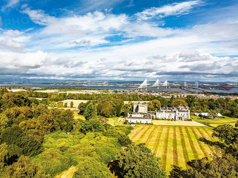 Dundas Castle over South Queensferry from a drone, Edinburgh, Scotland, UK