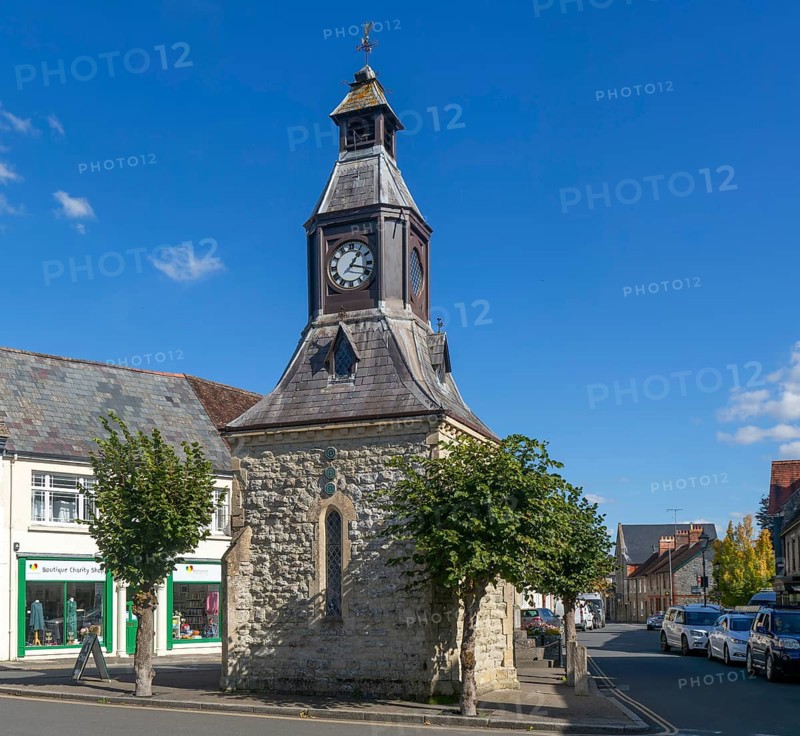 Historic Clock Tower building in the Market Place, Mere, Wiltshire, England, UK