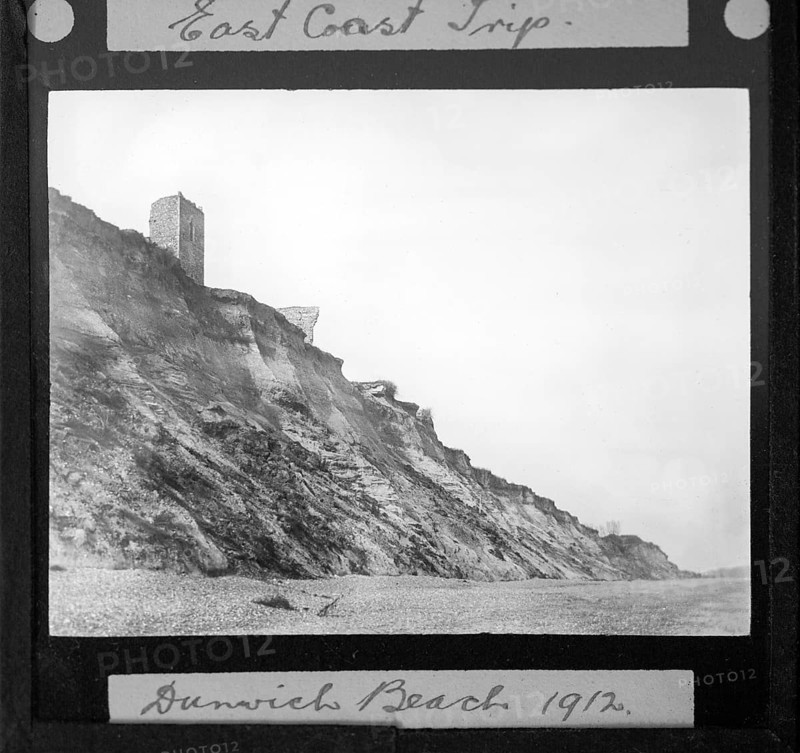 Magic lantern slide of ruin of All Saints church on clifftop at Dunwich, Suffolk, England, UK 1912