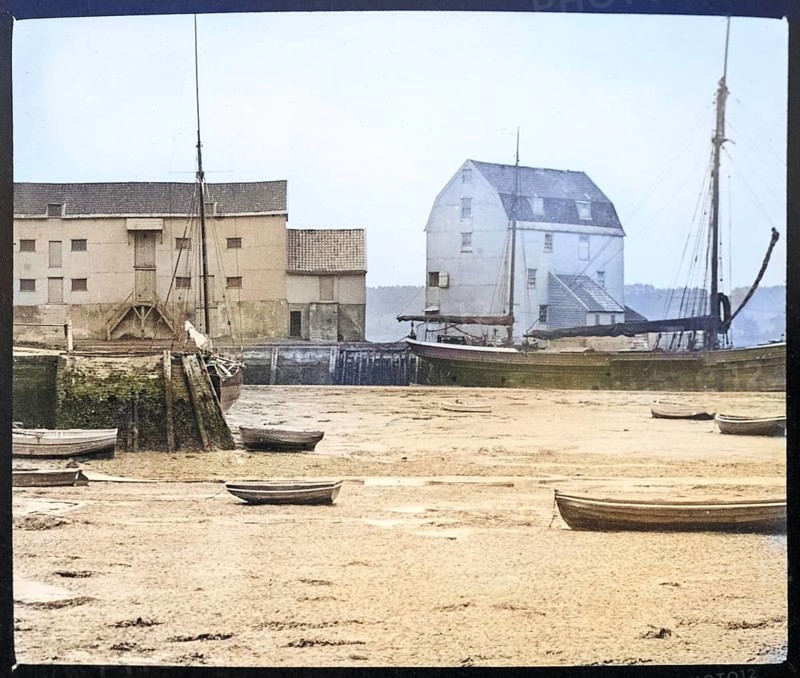 Colourised magic lantern slide of the Tide Mill and River Deben at Woodbridge, Suffolk, England, UK c 1910