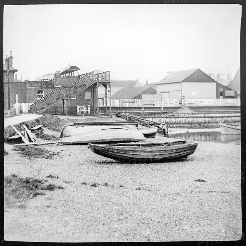 Magic lantern slide of River Deben and railway station Woodbridge, Suffolk, England, UK c 1910 - before the cinema was built