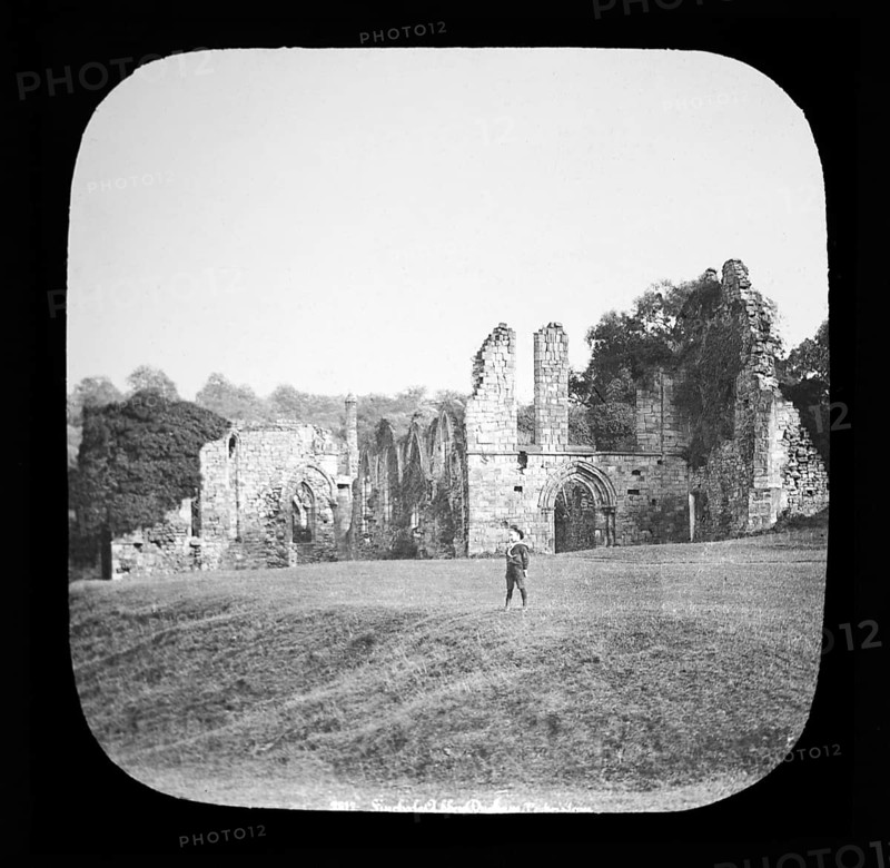 Magic lantern slide by Poulton of Finchale Priory ruins, County Durham, England, UK c 1900