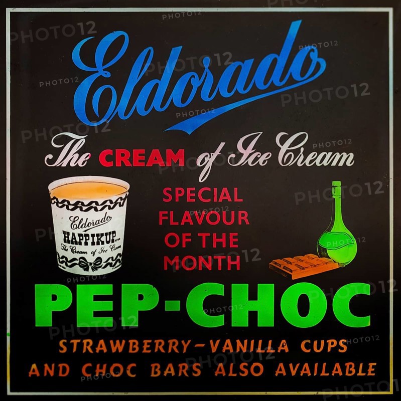 Magic lantern slide used for advertising Eldorado Pep-Choc Happikup ice cream in cinemas, UK c 1940s or 1950s