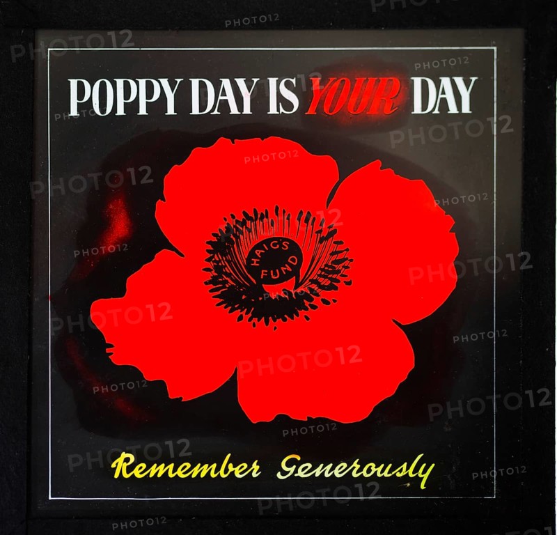 Magic lantern slide used in cinemas for advertising about the Haig's Fund poppy day appeal, UK c 1940s or 1950s
