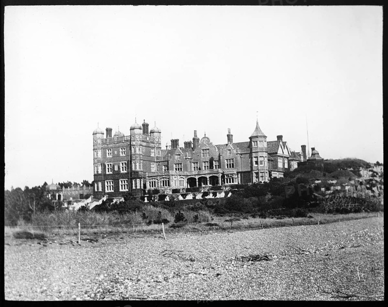 Magic lantern slide of Bawdsey Manor from the beach, Suffolk, England, UK c 1910