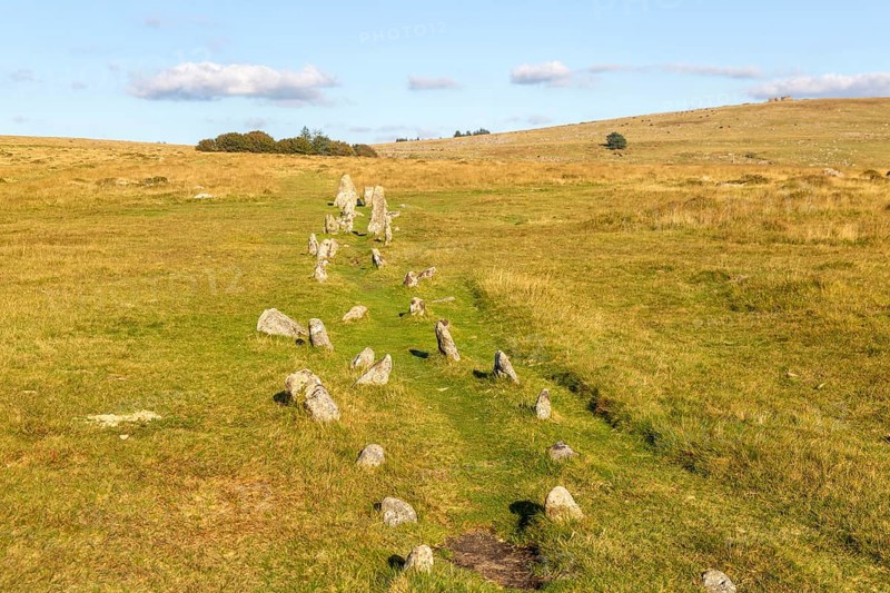 Rows of standing stones at Merrivale prehistoric ceremonial complex Dartmoor national park, Devon, England, UK