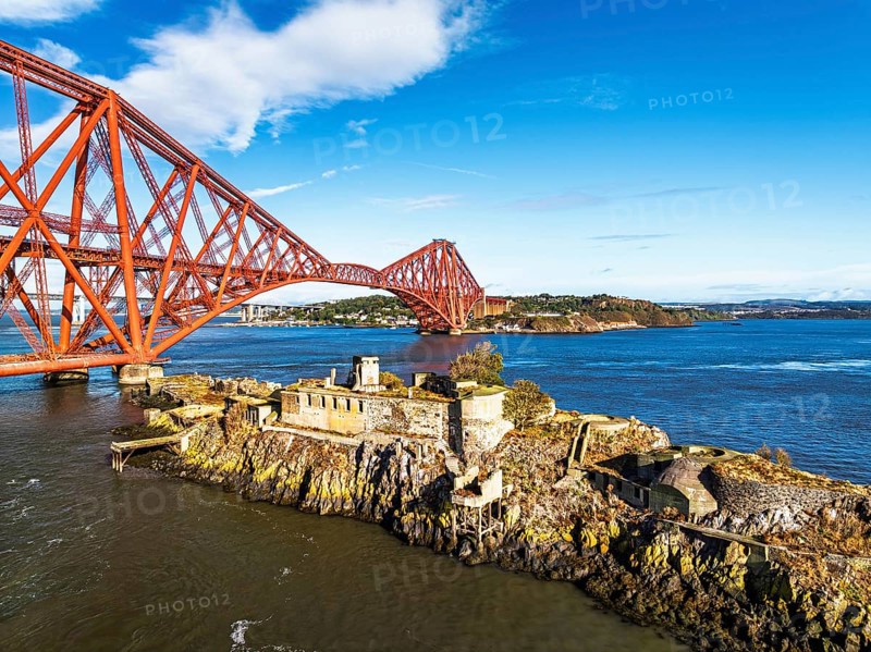 Inch Garvie Castle from a drone, Forth Bridge, Queensferry Crossing, Forth Estuary, Scotland, United Kingdom