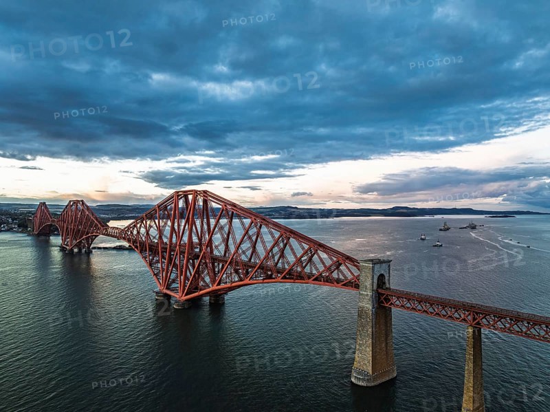 Forth Bridge from a drone, Queensferry Crossing, Forth Estuary, Scotland, United Kingdom