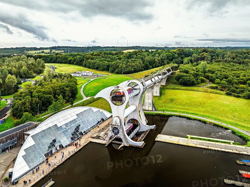 Filkirk Wheel from a drone, Forth and Clyde Canal, Falkirk, Scotland, UK