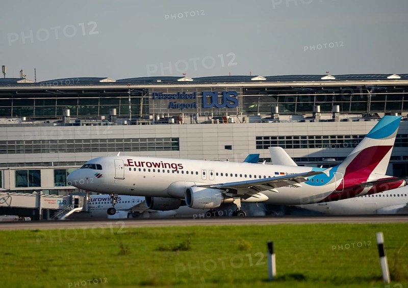 Eurowings Airbus lands at Düsseldorf Airport, North Rhine-Westphalia, Germany
