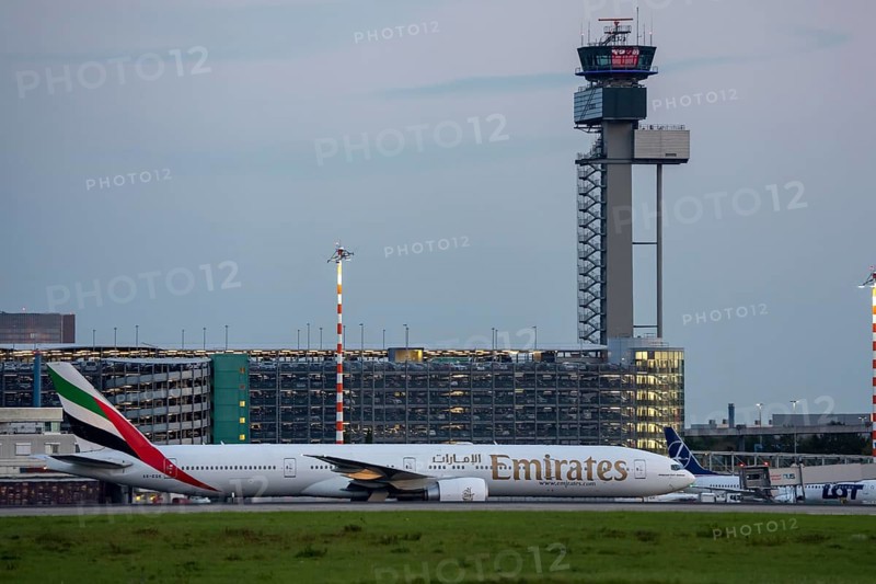 Emirates Boeing 777-300, after landing, at Düsseldorf Airport, North Rhine-Westphalia, Germany