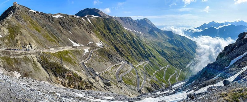 Panoramic view of the north ramp east ramp Ascent from pass road to mountain pass Alpine pass with 48 serpentines tight bends Stelvio Pass Stelvio, Stelvio, South Tyrol, Alto Adige, Italy