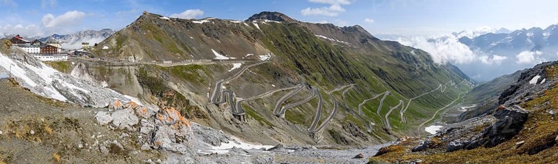 Panoramic view of the north ramp east ramp Ascent from pass road to mountain pass Alpine pass with 48 serpentines tight bends Stelvio Pass Stelvio Stelvio, left Hotels Berghotels, Stelvio, South Tyrol, Alto Adige, Italy