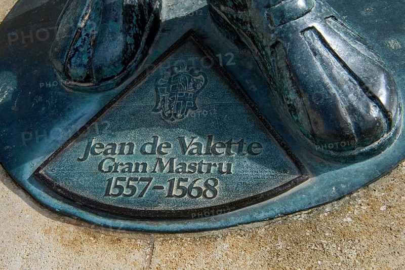 Inscription on base of bronze statue of Jean Parisot de la Valette, Grand Master of the Order of Malta, founder of Valletta Capital of Malta, Valletta, Malta
