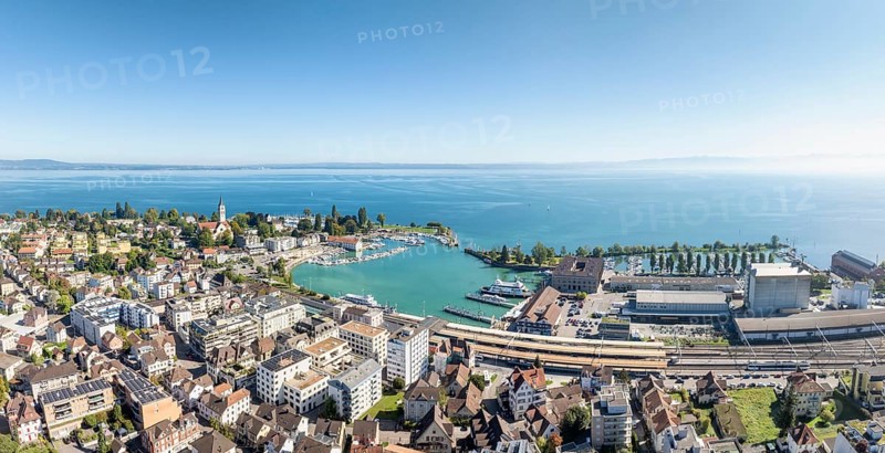 The town of Romanshorn with the main railway station, harbour area, ferry port, marina, aerial view, panorama, Lake Constance, Canton Thurgau, Switzerland