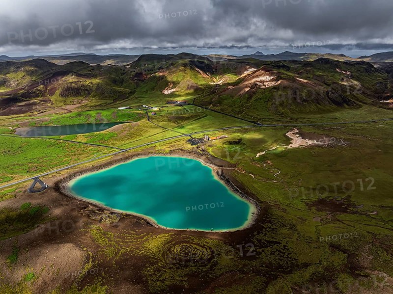 Lake, volcanic crater, volcanic landscape, mountains, cloudy, aerial view, summer, Graenavatn, Krysuvik geothermal area, Reykjanes, Iceland