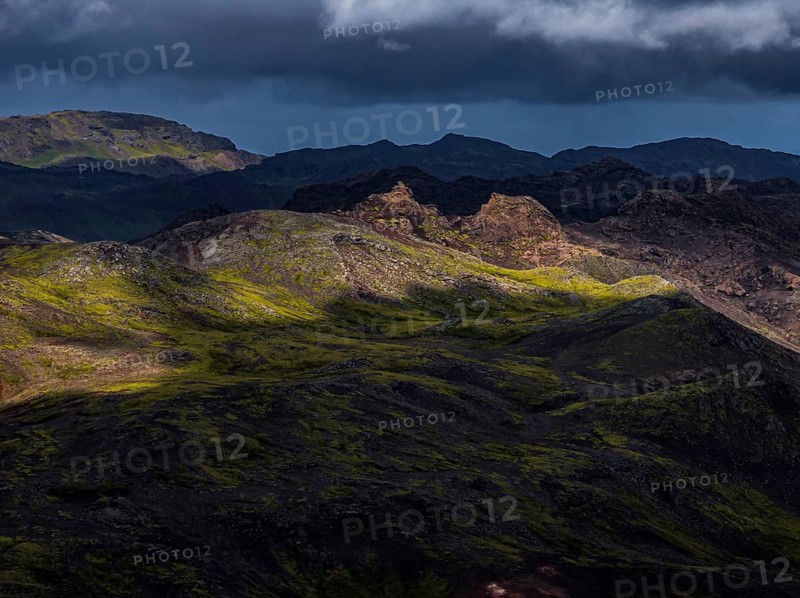 Volcanic landscape, mountains, cloudy, aerial view, summer, Reykjanes, Iceland