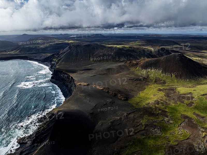 Coast, mountains, sea, volcanic landscape, cloudy, sunny, summer, aerial view, Reykjanes, Iceland