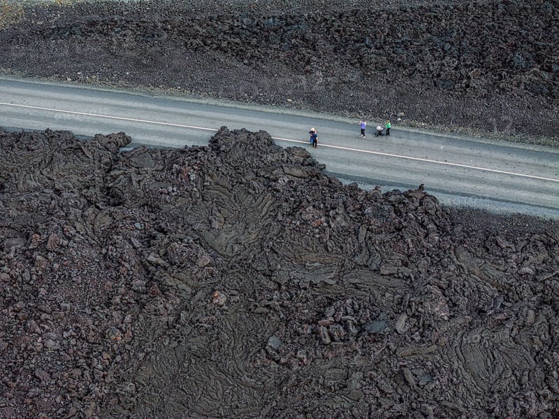 Lava, lava field, road, destroyed, summer, cloudy, sunny, aerial view, tourists, Blue Lagoon, Sundhnúkur crater series, Fagradalsfjall, Reykjanes, Iceland